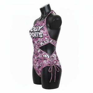 Maillot de bain femme en tissu extensible polyester élasthanne 200 GSM, imprimé graphique rose, design de logo personnalisé - Product Image 2