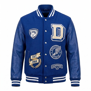Chaqueta Varsity Azul para Hombre Dumela, Estilo Preppy, Parche Bordado, Cierre de Botones Frontales, Corte Regular, Ropa de Abrigo para Otoño - Product Image 1