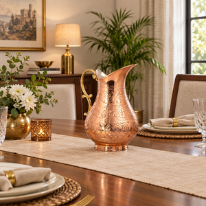 Pichet en cuivre gravé à la main avec motifs floraux, carafe à eau en cuivre pur, poignée en laiton, évier en cuivre vintage, vaisselle décorative, cadeau - Product Image 3