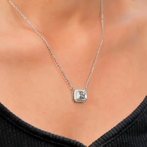 Lab Grown <b>Emerald</b> Cut Diamond <b>Pendant</b> Necklace Halo Charm Silver Plated for Women Wedding & Party Gift - Product Image 4