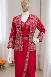 <b>Red</b> Embroidered Indian Pakistani Salwar Kameez Set Heavy Crep Silk Floor-Length Long Sleeve Jacket Pleated Skirt Formal Diwali - Product Image 4