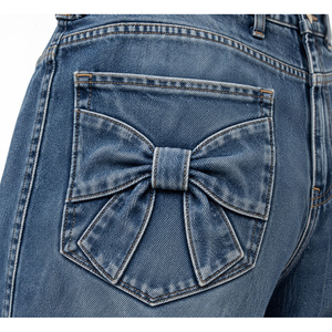 Jeans de mezclilla de mujer de tiro medio y pierna ancha con bolsillos de lazo - Azul vintage elástico, ajuste ceñido, bordado, tallas grandes (XS-XL) - Product Image 4