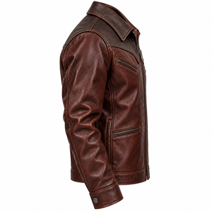 Chaqueta de Cuero Genuino Personalizada para Hombre, Estilo Vaquero Occidental Vintage, Marrón Bicolor, Chaqueta de Motero Desgastada, Proveedor y Fabricante OEM ODM - Product Image 3