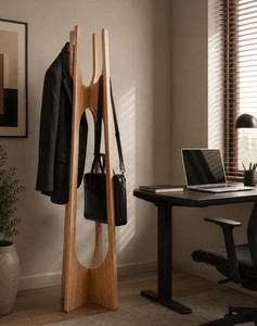 Porte-manteau moderne en bois sur pied pour entrée, rangement minimaliste, meuble de salon, 2 crochets, structure stable - Product Image 3