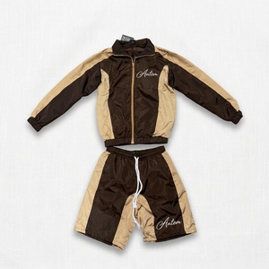 Ensemble veste coupe-vent zippée et short en nylon color block marron beige pour homme, décontracté, respirant, en polyester, pour le sport printanier - Product Image 1