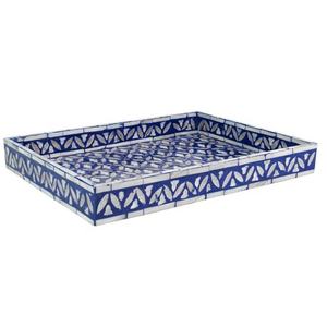 Bandeja de nácar con patrón geométrico azul artístico, bandeja rectangular de madera para servir, para uso diario y decoración de comedor. - Product Image 2