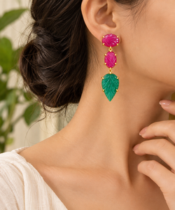 Pendientes Colgantes de Moda con Diseño de Hoja Tallada, de Jade Rosa y Verde Natural, Chapados en Oro de 18k, de Latón Antideslustre, Románticos para Fiesta - Product Image 1