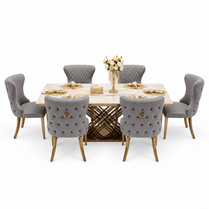 Table à manger rectangulaire moderne en marbre blanc avec six chaises en cuir PU capitonnées pour les intérieurs de maisons, hôtels et restaurants de luxe - Product Image 1