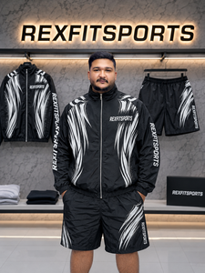 REXFIT SPORTS 2026 Conjunto Deportivo Personalizado para Hombre, Chaqueta con Capucha y Pantalones Cortos de Nailon Negro, Ligero, para Gimnasio, Entrenamiento, Running - Product Image 1