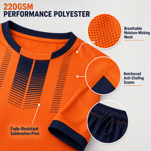 Ensemble d'uniformes de football personnalisés en polyester sublimé 220 GSM pour hommes, orange et bleu marine, respirant, vente en gros - Product Image 3