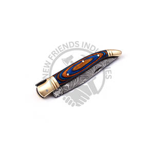 Couteau pliant haut de gamme en acier Damas avec étui en cuir, couteau de chasse Laguiole avec poignée en bois orange et bleu et bolster en laiton - Product Image 6