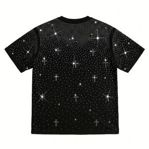 เสื้อและกางเกงขาสั้นสีดำสำหรับผู้ชาย พิมพ์ลายโลโก้ตามสั่ง ล้างสีแบบแอซิด ประดับด้วยคริสตัล ขายดีที่สุด สำหรับสตรีทแวร์ วินเทจ คุณภาพสูง - Product Image 4