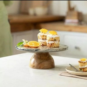 Support à gâteau en marbre de qualité supérieure – Présentoir à dessert moderne sur piédestal avec base en bois pour boulangerie et usage domestique - Product Image 2