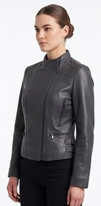 Wholesale <b>Women</b> Genuine <b>Leather</b> Winter Windproof Zipper Slim Fit Mandarin Collar <b>Moto</b> Biker <b>Jacket</b> Custom Casual Streetwear - Product Image 3