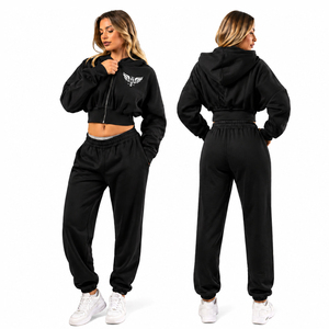 Women <b>Cropped</b> Hoodie Tracksuit Set Burgundy <b>Zip</b> <b>Up</b> Sweatshirt Jogger Pants Casual Sportswear 2 Piece Set - Product Image 2