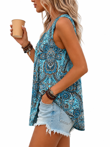Fasmic International Plus Size Women's Bohemian Floral Print <b>Tank</b> <b>Top</b> <b>Square</b> <b>Neck</b> Sleeveless Summer Wear Blue Patterned Knitted - Product Image 2