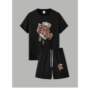 Ensemble polo et short homme été, couleur unie, impression sérigraphique personnalisée OEM, logo frontal, manches courtes, col rond. - Product Image 1