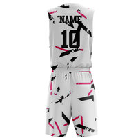 Ensemble de maillots de basket-ball sublimés personnalisés, blanc, noir et rose, imprimé géométrique, col en V, sans manches, évacuation de l'humidité, unisexe, adulte