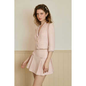 Ensemble deux pièces KS43, taille haute, manches régulières, col à revers, épais, élégant, pour le bureau, SERENA Vietnam, robe en tweed rose pastel - Product Image 2