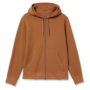 Sudadera con capucha de forro polar marrón para hombre al por mayor, con cremallera completa, cordón ajustable, estilo casual, color liso - Product Image 1