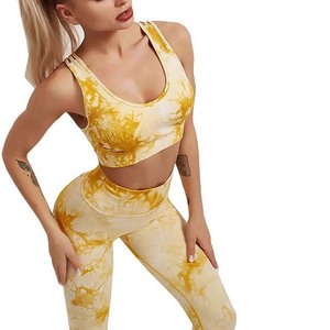 Ensemble de yoga 2 pièces : Crop top dos nageur tie-dye jaune et leggings taille haute, sans couture, extensible dans les quatre sens, en Spandex et Polyester - Product Image 2