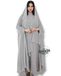 Awais House Women's Grey Beaded Embroidery Polyester Fiber <b>Chiffon</b> Floor-Length Modest Evening Dress V-neck Full Sleeve Natural - Product Image 1