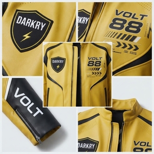 Mens Yellow Black Leather <b>Racing</b> <b>Jacket</b> Volt 88 Graphic Printed Speed Biker Moto Track Apparel Darkry High Streetwear Coat - Product Image 6