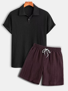 Men's Knitted Polo Shirt And Shorts Set Solid Color Breathable Casual Summer Wear - Product Image 1