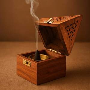 Quemador de Incienso Indio Rústico de Madera Natural Ecológico Hecho a Mano, Incensario Religioso con Recolector de Ceniza Anti-Olor para Templo y Sala de Oración - Product Image 1