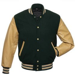 Veste de baseball verte pour homme avec manches en cuir PU noir, coupe classique, boutons-pression et style universitaire - Product Image 5
