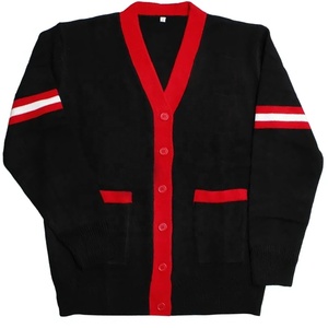 Cardigan en tricot contrasté noir et rouge pour femme, col en V, manches longues, décontracté, toutes saisons, épaisseur standard, fermeture à boutons - Product Image 1