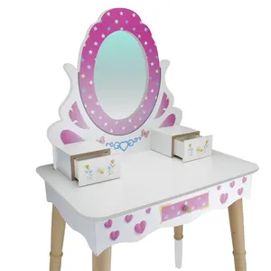 Mesa de maquiagem para meninas, mesa de maquiagem para brincar com espelho cadeira rosa de princesa