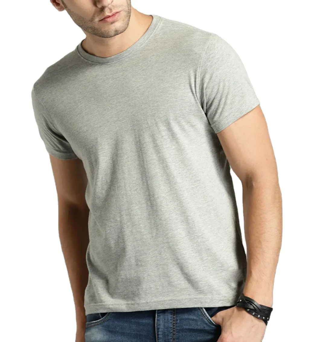 Özel ihracat kaliteli gri melanj katı yuvarlak boyun erkek t-shirt