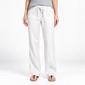 <b>White</b> Elastic Waist Cotton <b>Linen</b> Trouser <b>Pants</b> For Women Latest Customized Low Moq Affordable Price - Product Image 1