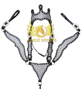 Juego de arreos para caballo de cuero genuino, ligero, personalizado, plateado con adornos, con forma de corona, incluye cabezada, pechopetral y sillas de montar, de temporada - Product Image 1