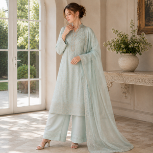 Women's <b>Mint</b> Green Premium Chiffon Formal 3-Piece Salwar Kameez Set Hand Embellishment Wrinkle-Free All Seasons Pakistan Indian - Product Image 5