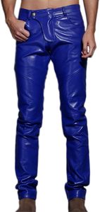 Pantalones de moto casuales de invierno para hombre, azul real, con revestimiento de cuero, corte recto, cierre de cremallera, cintura media, bolsillos, tejido ligero de punto - Product Image 2