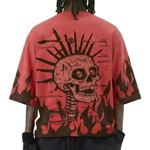 Men's Oversized Washed Cotton T-<b>Shirt</b> Short Sleeve O-Neck <b>Flame</b> Print Street Style Jersey Knit Regular Length Men's T-<b>Shirt</b> - Product Image 4