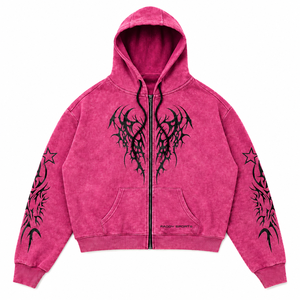 Sudadera Rosa Personalizada Vintage Y2K con Lavado Ácido, Cremallera Completa, Gráfico Tribal Gótico, Oversize, de Algodón Pesado, Estilo Urbano - Product Image 1
