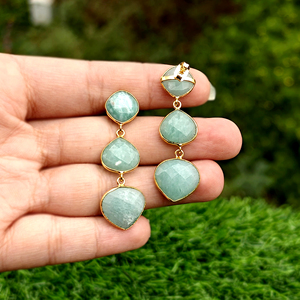 Bridal Gift Jewelry Checker Cut Natural Amazonite Triple Stone Stud Drops 18k Gold Plated Bezel Setting Statement Brass <b>Earring</b> - Product Image 6