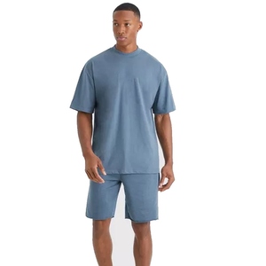 Men's Blue Cotton Crew Neck T-Shirt And Shorts <b>Set</b> Casual Summer Wear Breathable <b>Knitted</b> Solid Color Two Piece Outfit - Product Image 1