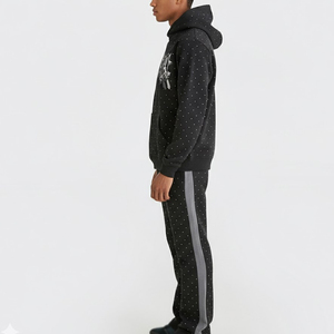 Ensemble de survêtement décontracté pour homme, noir, à capuche, entièrement zippé, motif à pois, respirant, poids moyen, streetwear, avec strass - Product Image 3