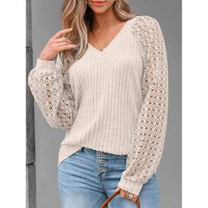 2025 2025 suéteres de manga larga con cuello en V para mujer otoño encaje Tops Casual negocios elegante invierno túnica blusas Otoño Invierno moda - Product Image 2