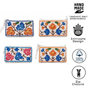 Kashmiri Handcrafted Cotton Flat <b>Pouch</b> Bridal Gift Floral Design <b>Zip</b> Closure Sustainable Washable Durable Aari Embroidery - Product Image 3