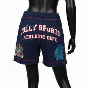 Shorts de mujer de felpa de algodón y poliéster premium con costuras rojas, bordado de chenilla, cremallera frontal y logo personalizado. - Product Image 3