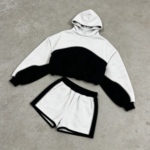 Conjunto de Sudadera con Capucha y Pantalones Cortos para Hombre, Diseño Color Block con Costuras Curvas, Cintura Elástica, Puños Acanalados, Bolsillo Canguro, Transpirable, Estilo Casual Urbano - Product Image 3