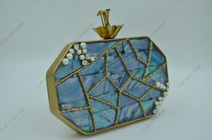 Handcrafted Blue Mother Of <b>Pearl</b> Mosaic <b>Clutch</b> With Gold Metal Frame Luxury Evening Party Wedding <b>clutch</b> handbag for women - Product Image 3