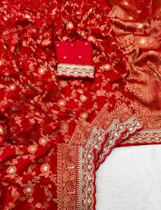 Sari de Khaddi Puro con Bordado Zari en Plata y Oro, Borde Festoneado, Borde Kanchi, Blusa Butti de Dos Tonos, Colección Nupcial - Product Image 5