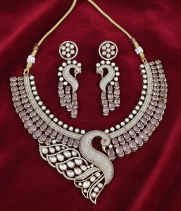 Luxury Peacock Necklace <b>Set</b> Gold Plated Brass CZ & Pink Stone <b>Bridal</b> <b>Jewelry</b> <b>Set</b> with Matching Earrings Traditional Indian - Product Image 2