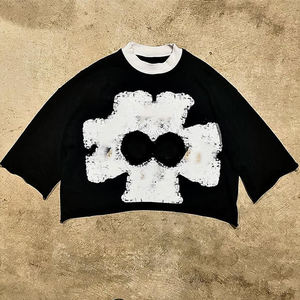 Camiseta Corta Blanca Extra Grande para Hombre con Estampado Geométrico Negro, Ribete en Contraste, Manga Corta, Estilo Urbano, Cuello Redondo, Jersey de Algodón - Product Image 4